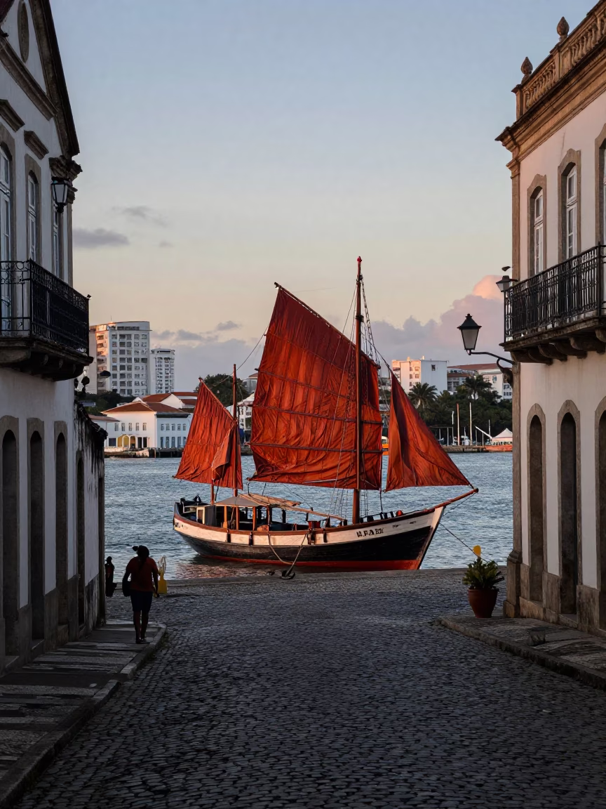 Salvador Junk Boat at Nautical Dawn Light in in Salvador, Brazil