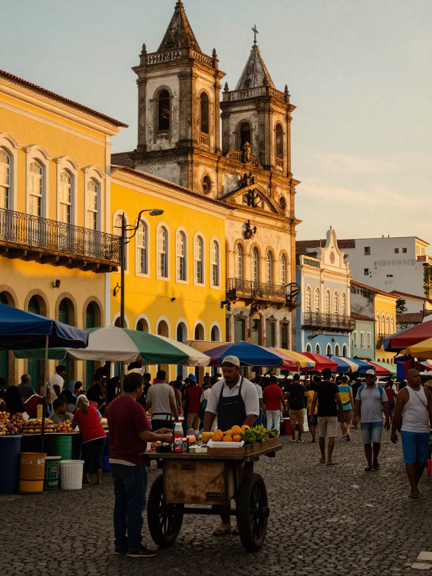 Salvador Market Scene at Sunset Light in in Salvador, Brazil