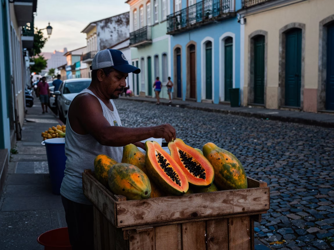 Salvador Market Stall at Sunrise Light in in Salvador, Brazil