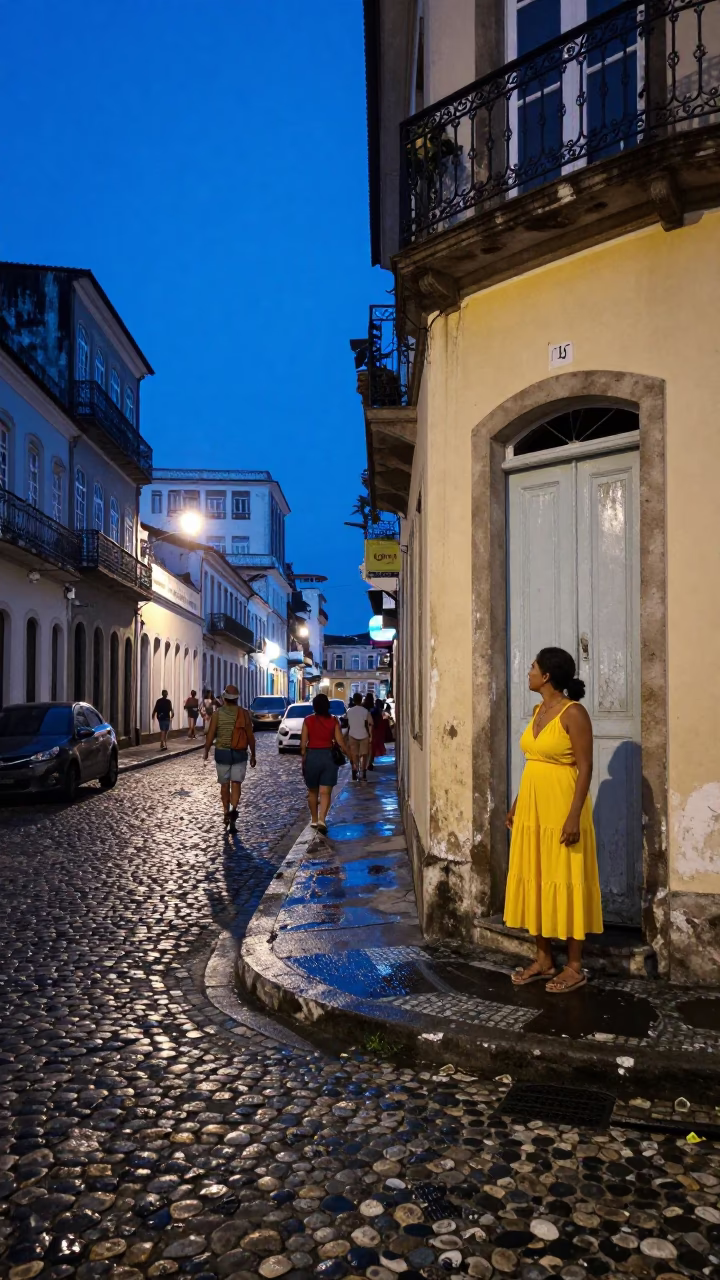 Salvador Street Scene at The Last Blue Light Of Evening in in Salvador, Brazil
