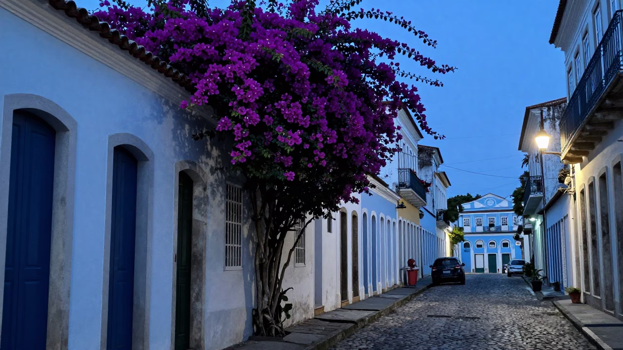 Salvador Street Scene at The Last Blue Light Of Evening in in Salvador, Brazil