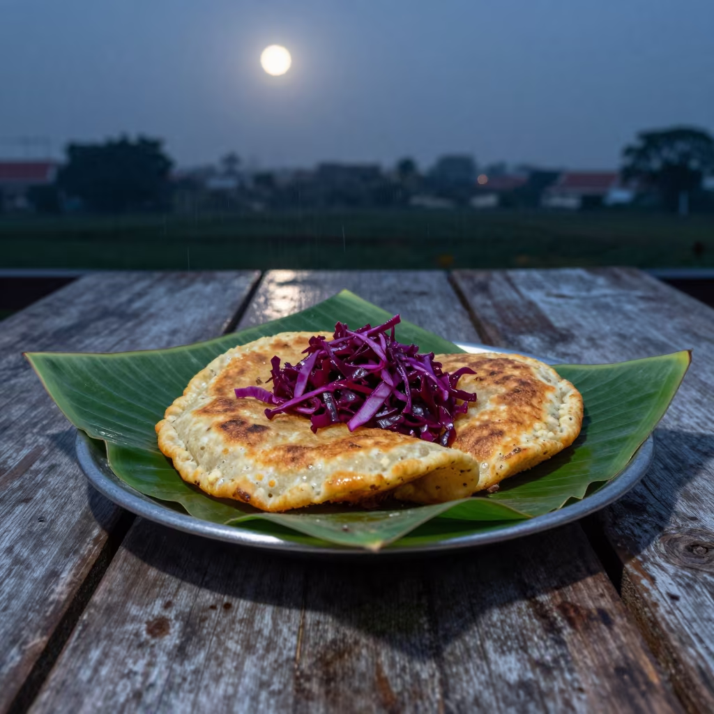 Salvadoran Pupusas on Banana Leaf Before Dawn in on a weathered outdoor table near Thonburi, Bangkok