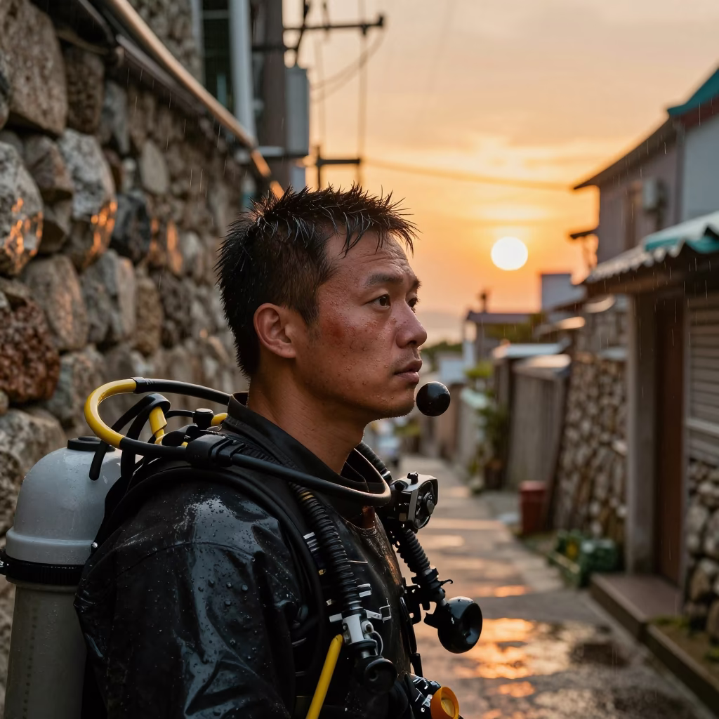 Salvage Diver Portrait in Busan Alley in in a narrow stone alley near Busan