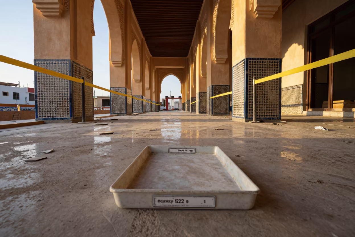 Salvage Fixture Labels in Moroccan Lobby Before Renovation in inside a half-built lobby in Morocco