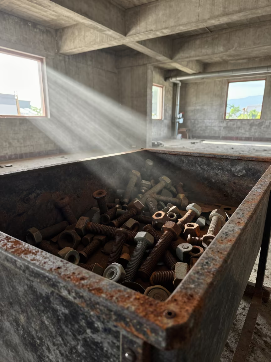 Salvage Hardware Bin in Veracruz Mechanical Room in in a mechanical room under buildout near Veracruz