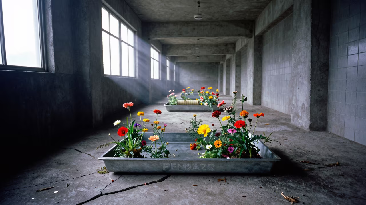 Salvage Label Tray Amidst Concrete Flower Blooms in in a mechanical room under buildout near Ho