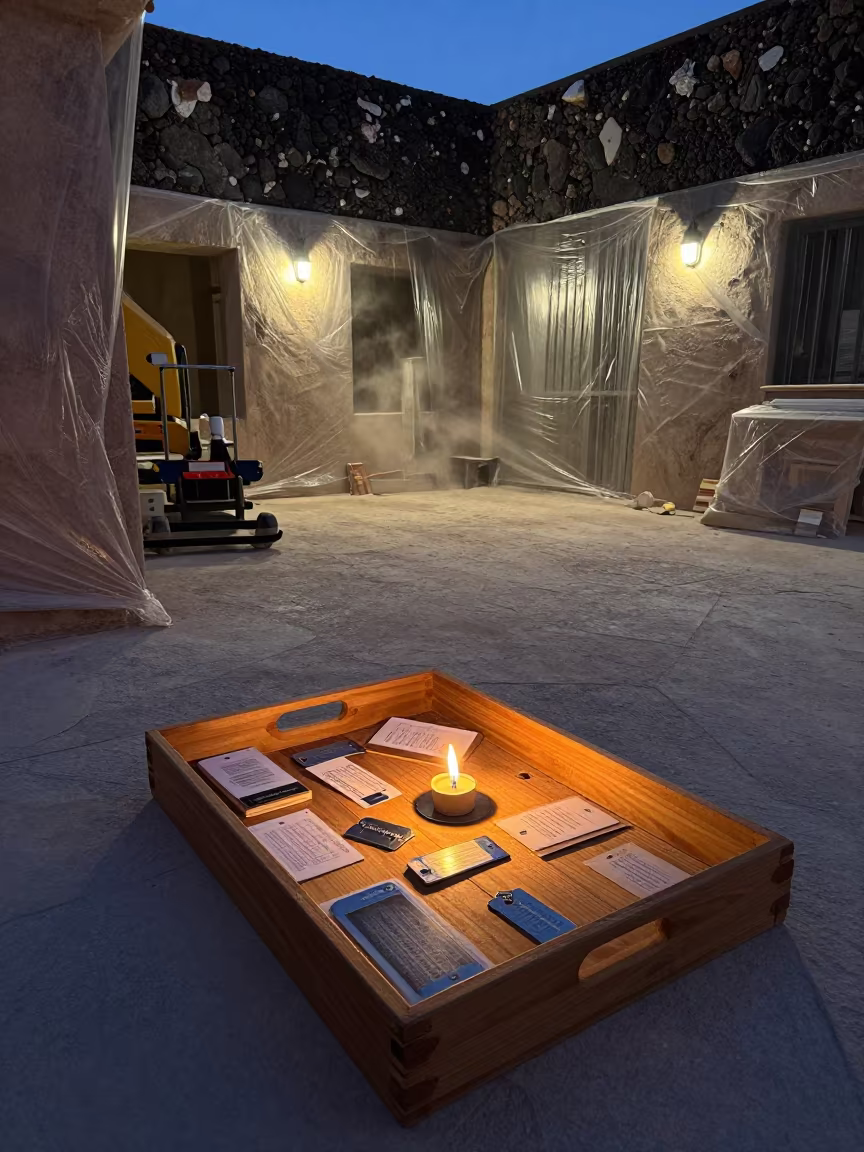 Salvaged Fixture Label Tray Before Renovation Cappadocia in in a renovation zone under temporary light in Cappadocia