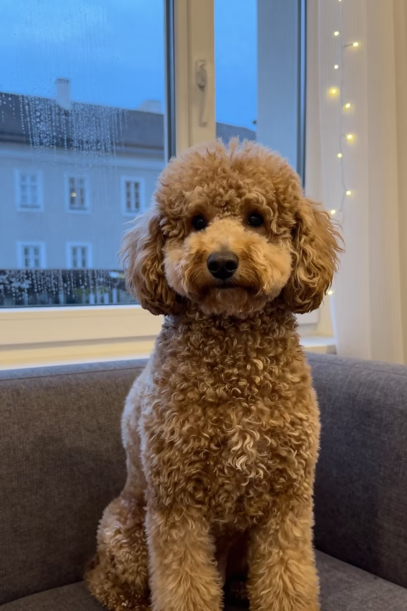 Salzburg Poodle Portrait Evening Window in on a sofa near a curtained window with calm indoor light in Salzburg