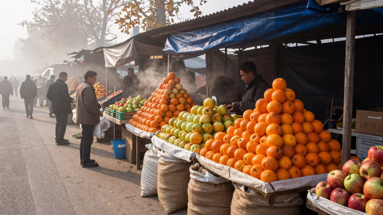 Samara Market Vendor Stacking Fruit Pyramids at Dawn in at a roadside fruit stand in Samara