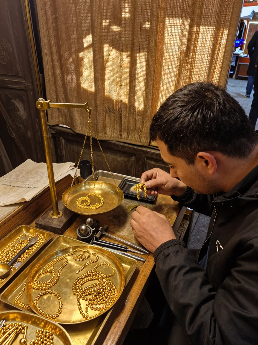 Samarkand Goldsmith Weighing Gold Bracelet in inside a jeweler's stall with brass scales and trays in Samarkand