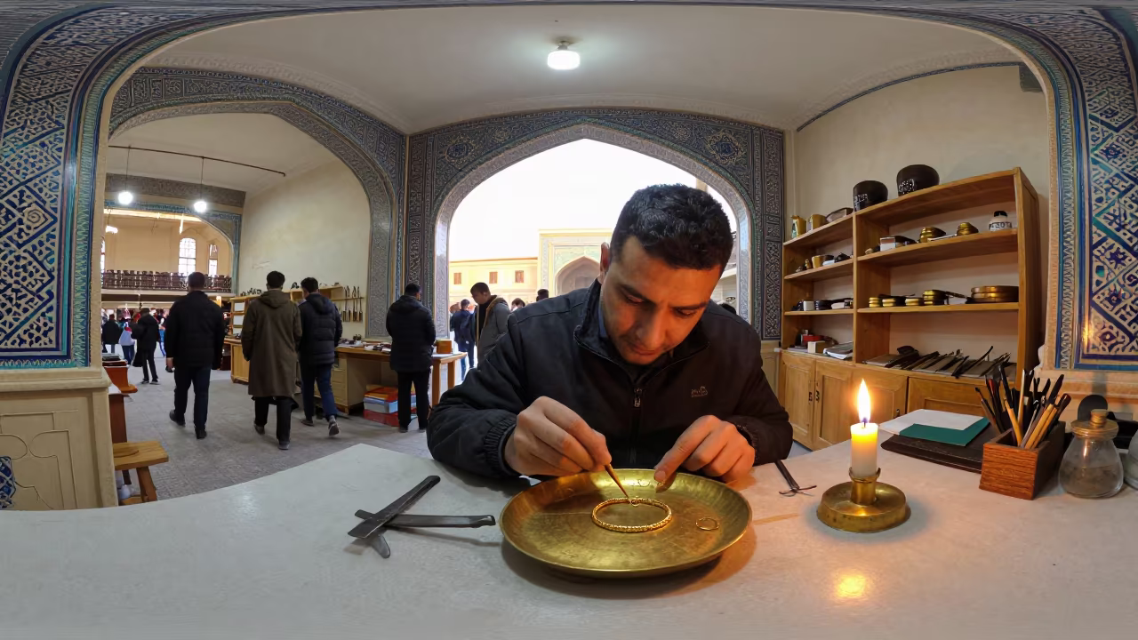 Samarkand Goldsmith Weighs Bracelet Candlelight in inside a goldsmith workshop behind the market lane in Samarkand