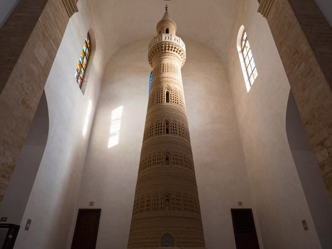 Samarra Minaret Inside Cairo Chapel Skylight in in a chapel lit by stained glass in Cairo