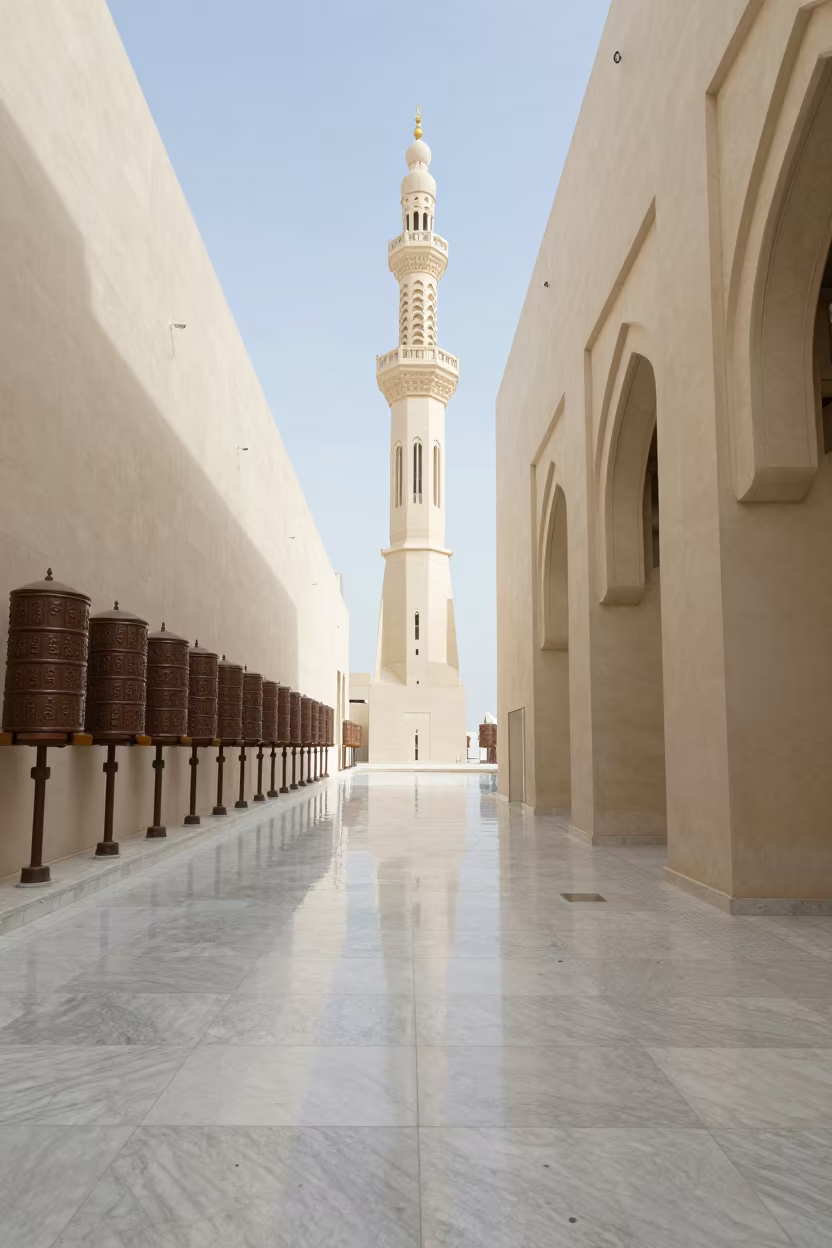 Samarra Spiral Minaret Inside Abu Dhabi Prayer Corridor in beside a prayer wheel corridor in Abu Dhabi