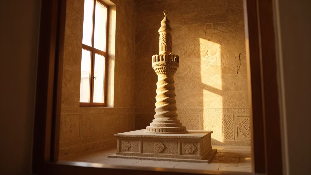 Samarra Spiral Minaret at Golden Hour in at the foot of a stone altar in Muscat