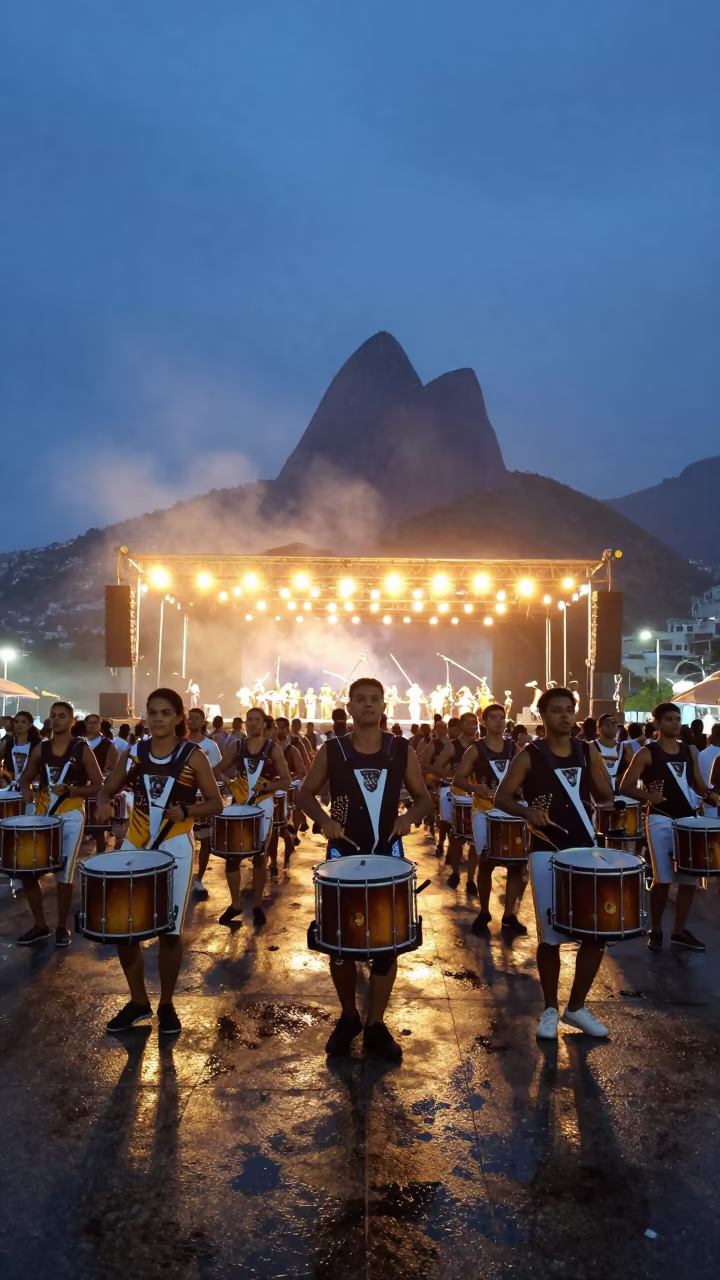 Samba Drumline in Botafogo Hall Under Haze in in a concert hall in Botafogo, Rio de Janeiro