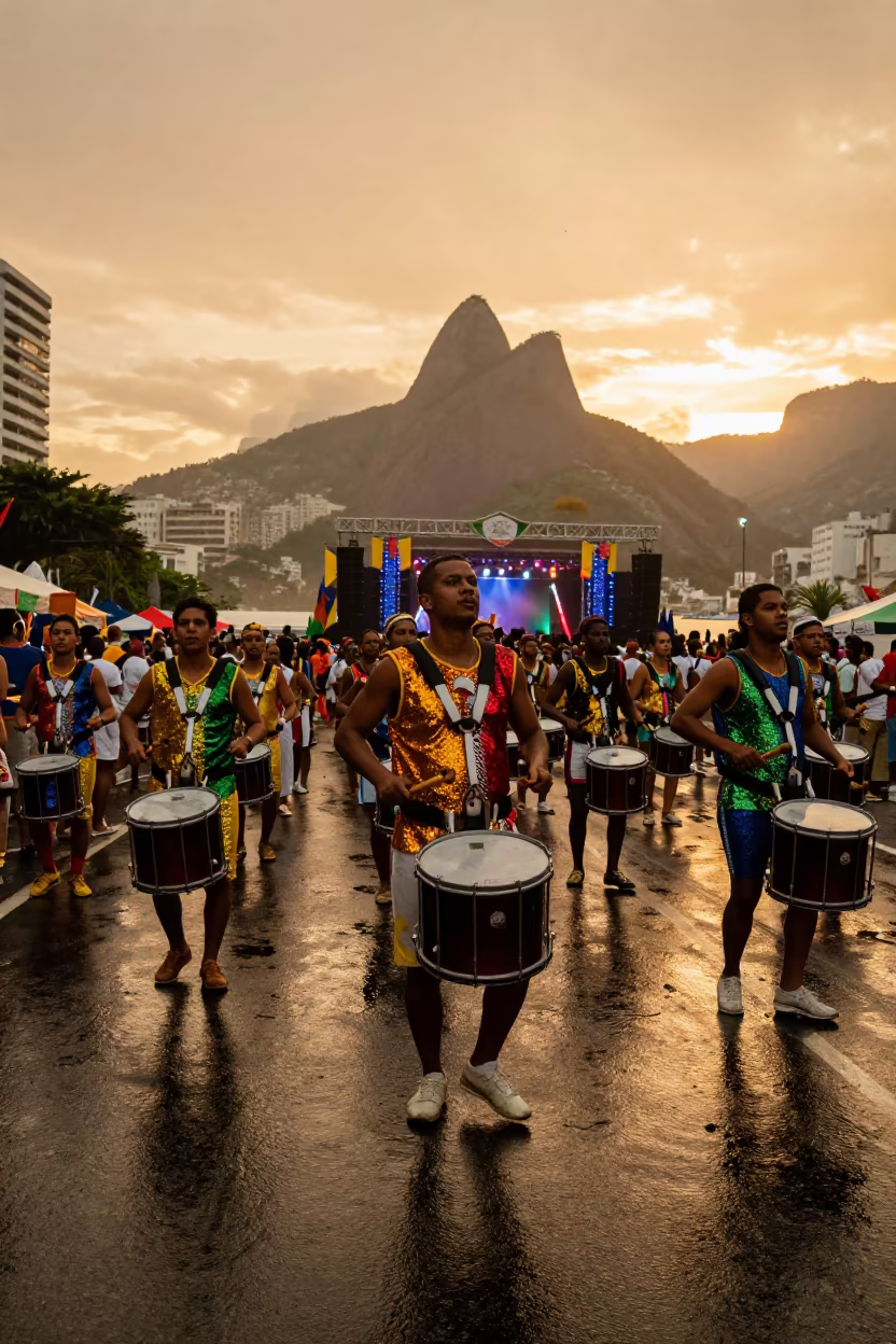 Samba Drumline Parading at Rio Sunset in on a festival main stage in Botafogo, Rio de Janeiro