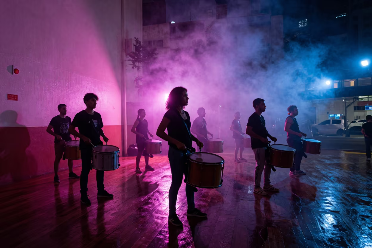 Samba Drumline Rehearsal Under Neon Light in in a rehearsal room in São Paulo