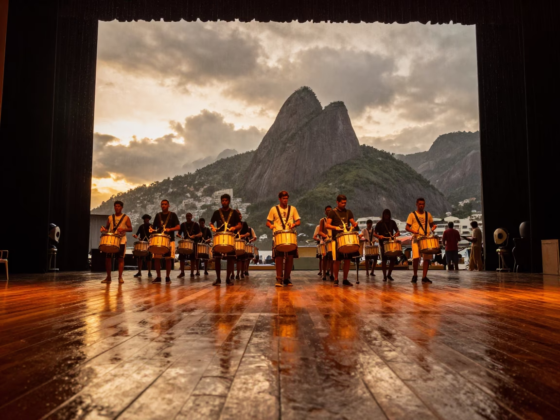 Samba Drumline at Sunset in Rio in on a theater stage in Santa Teresa, Rio de Janeiro