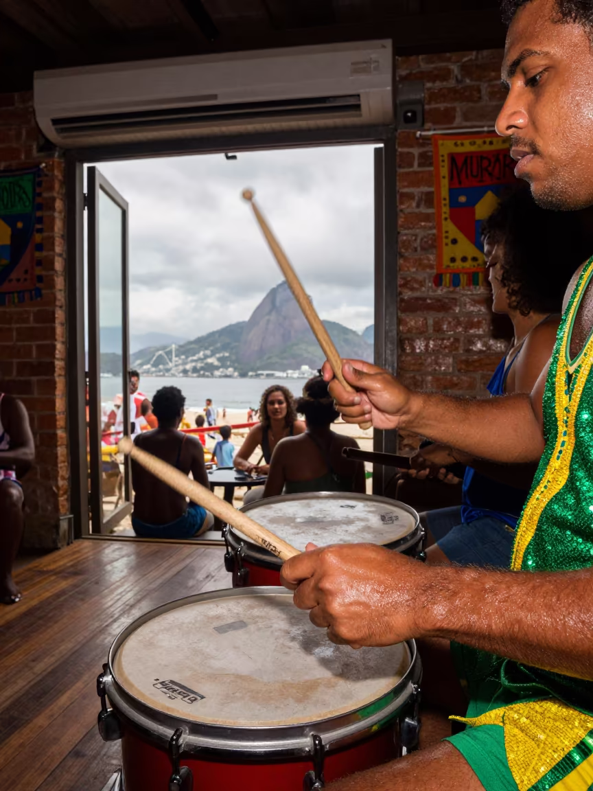 Samba Drummer Mid Performance in Rio Jazz Club in at a jazz club in Copacabana, Rio de Janeiro