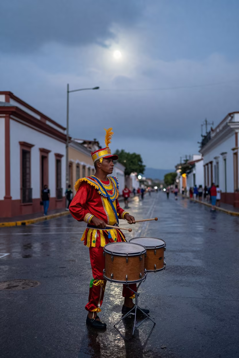 Samba Drummer in Salvador Predawn Street in at a street corner busking spot in Salvador