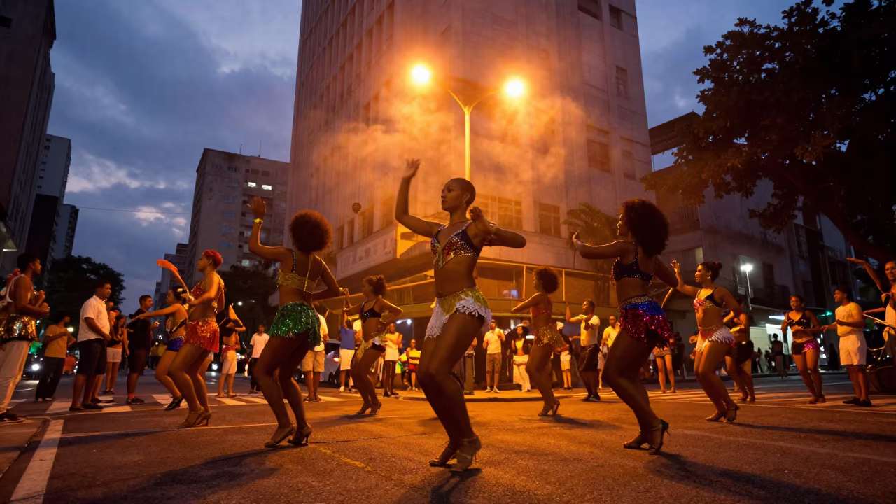 Samba Rehearsal Under Sodium Lights in São Paulo in at a street corner busking spot in São Paulo