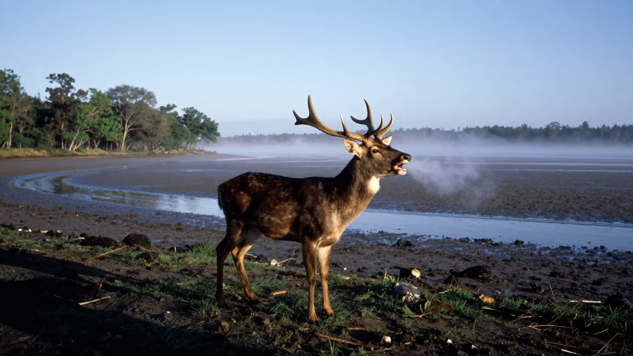 Sambar Deer Bellowing in Morning Mist at Gold Coast in beside a tidal inlet near Gold Coast