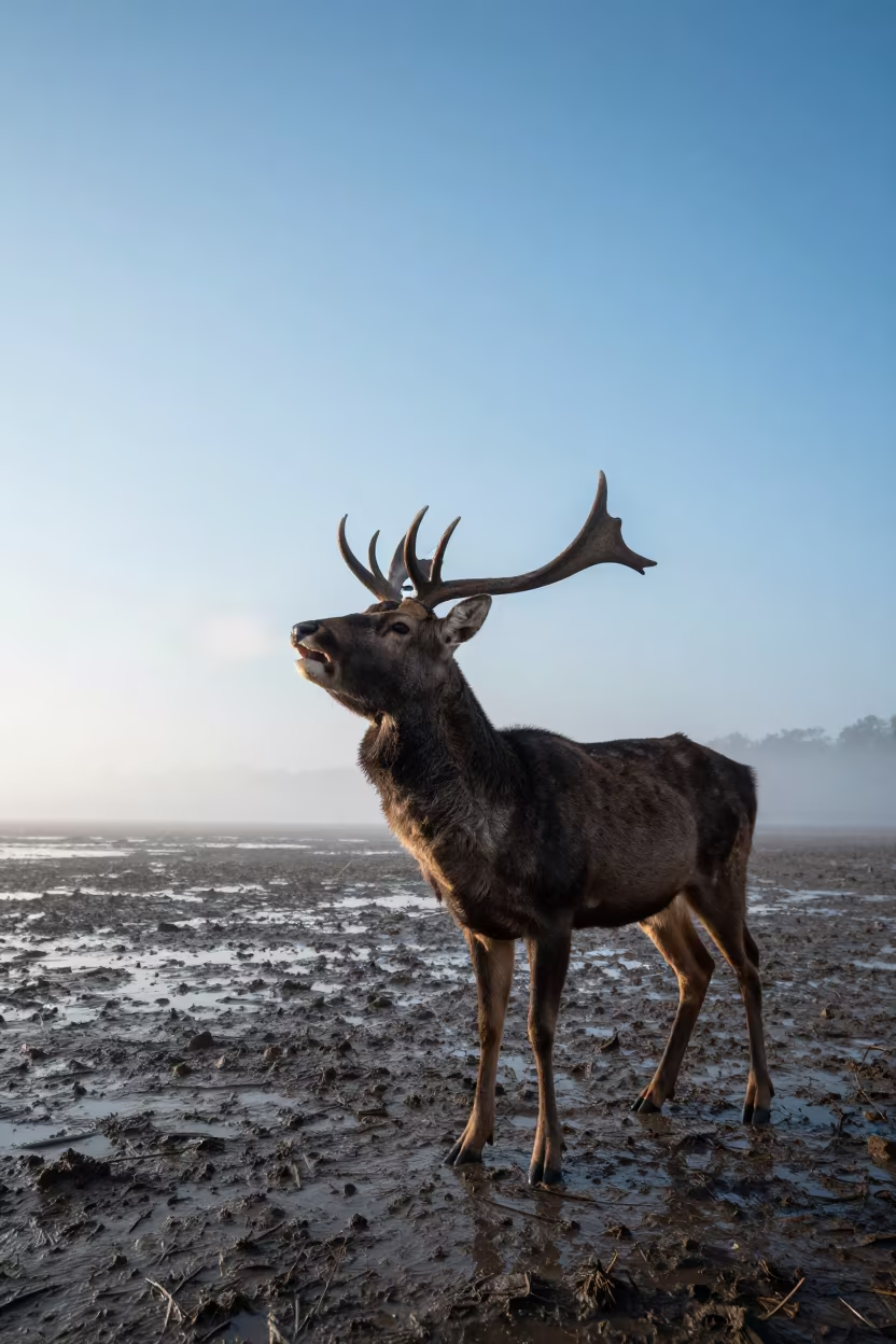 Sambar Deer Bellowing in Winter Morning Mist in beside a tidal inlet near Peshawar