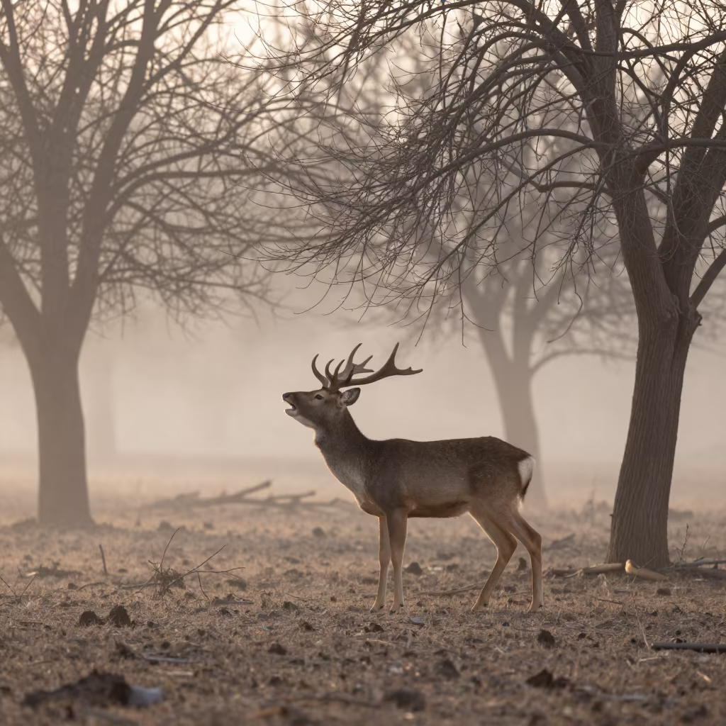 Sambar Deer Bellowing in Winter Sunrise Mist in near Al-Hasakah