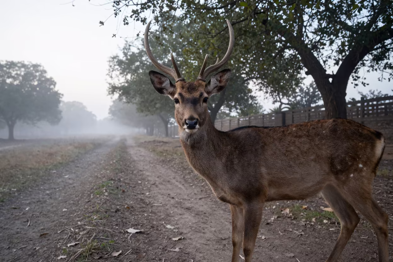 Sambar Deer in Cold Morning Mist in along a game trail near Enghelab, Tehran