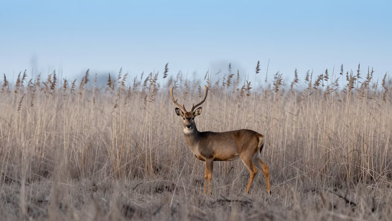 Sambar Deer Standing in Morning Mist Near San Cristobal in at the edge of a reed bed near San Cristobal de las Casas