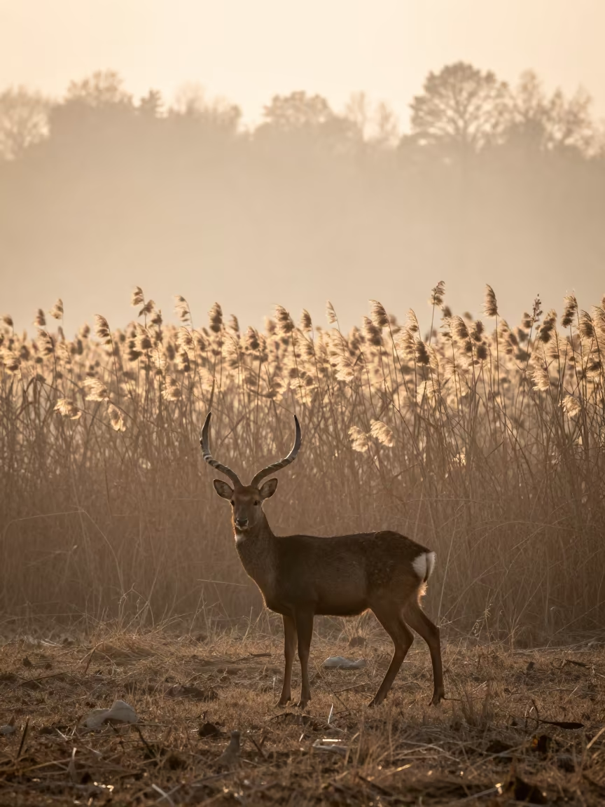 Sambar Deer Silhouette in Morning Mist Reed Bed in at the edge of a reed bed near Chengdu
