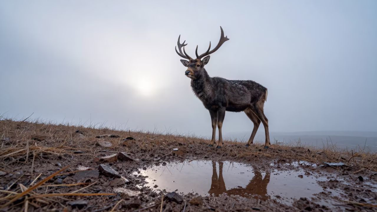 Sambar Deer on Wind-Scoured Shaanxi Ridge at Dawn in on a wind-scoured ridge in Shaanxi