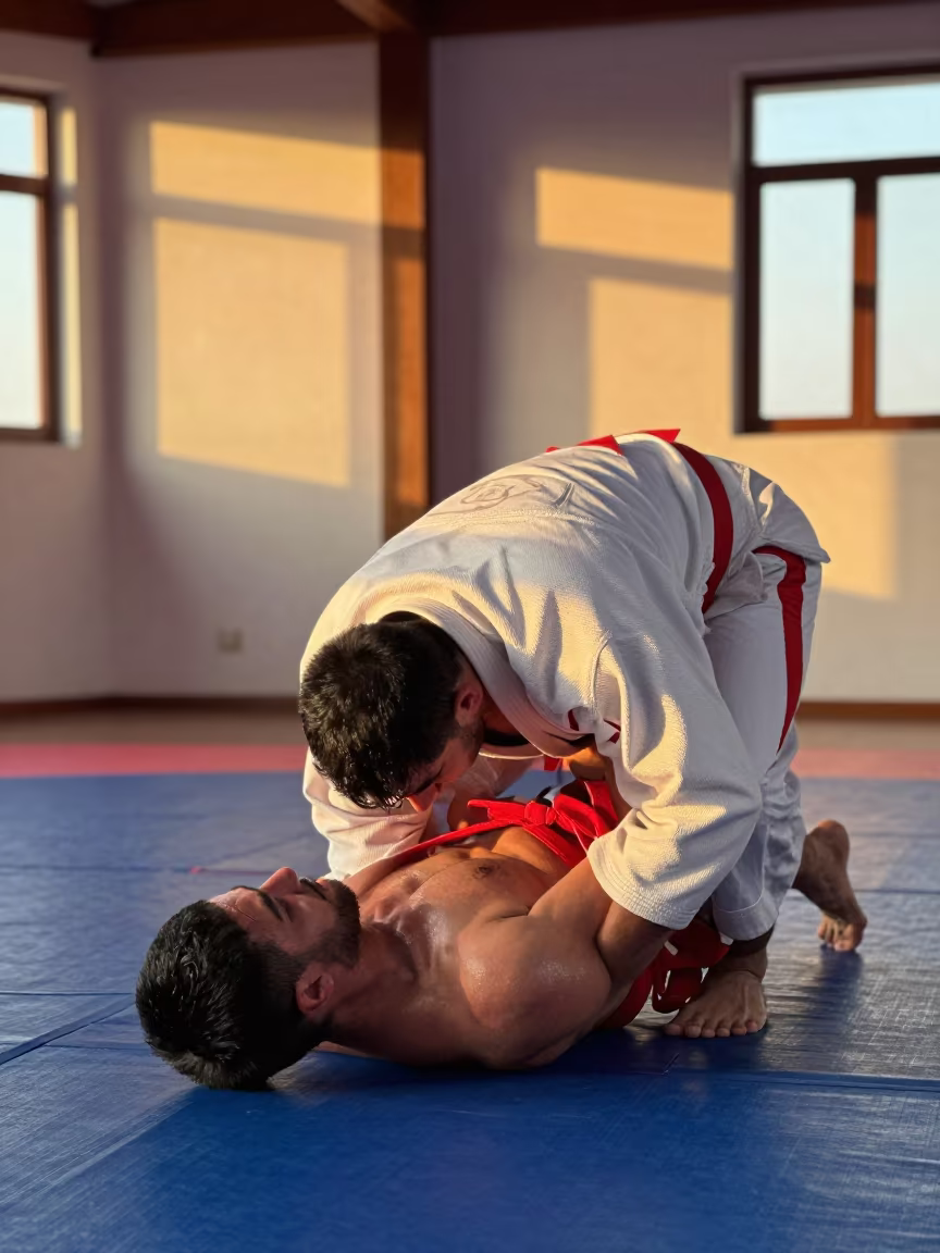 Sambo Wrestler Rolling Kneebar in Kenitra in in a rehearsal room in Kenitra