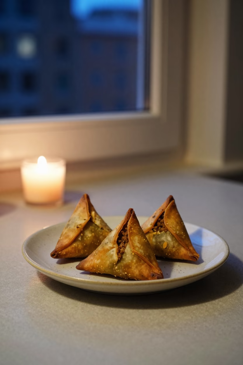 Sambusa on Ceramic Plate Window Light in on a ceramic plate by a window in Yavatmal
