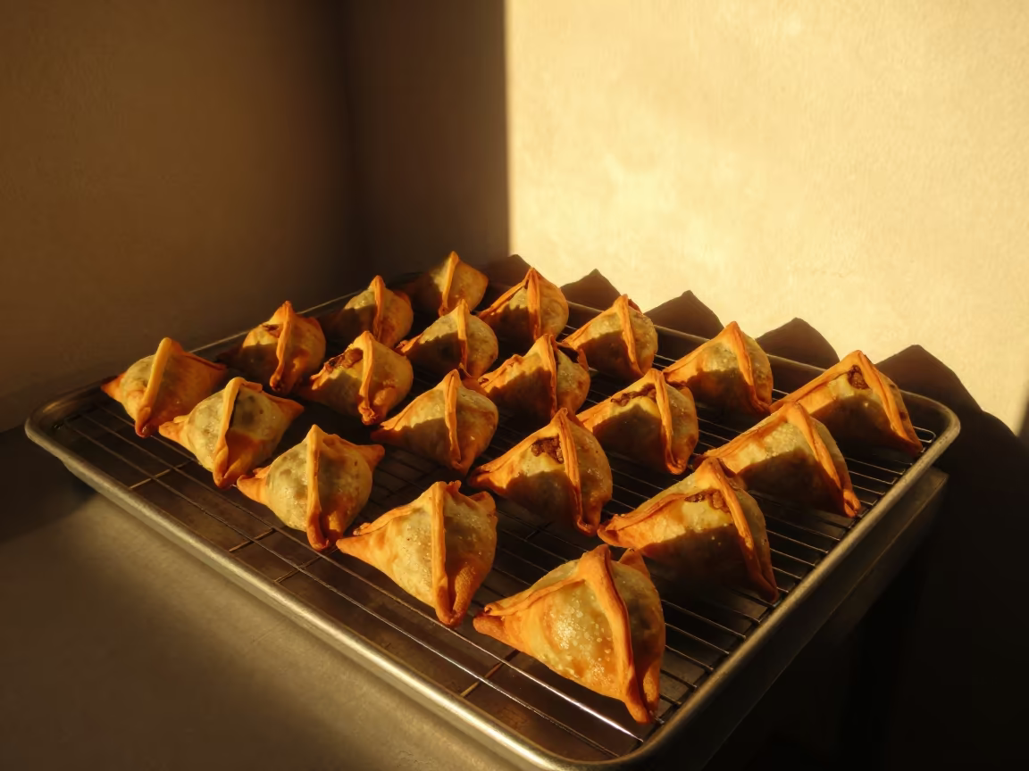 Sambusa on Cooling Rack Winter Light Valladolid in on a bakery cooling rack in Valladolid