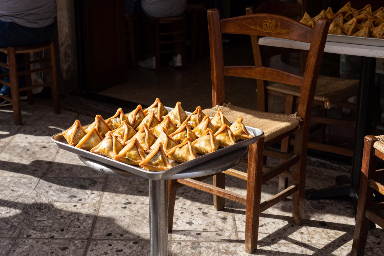 Sambusa Tray and Wooden Chair in Bustling Palermo Street Corner Early Afternoon in in Palermo, Italy