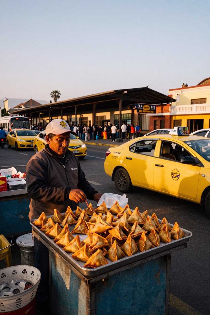 Sambusa Vendor in Lima at Honeyed Evening Light in in Lima, Peru