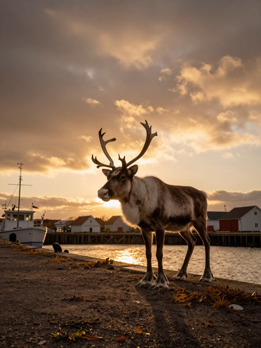 Sami Herder in Amber Light at Nantes Harbor in at a harbor edge in Nantes