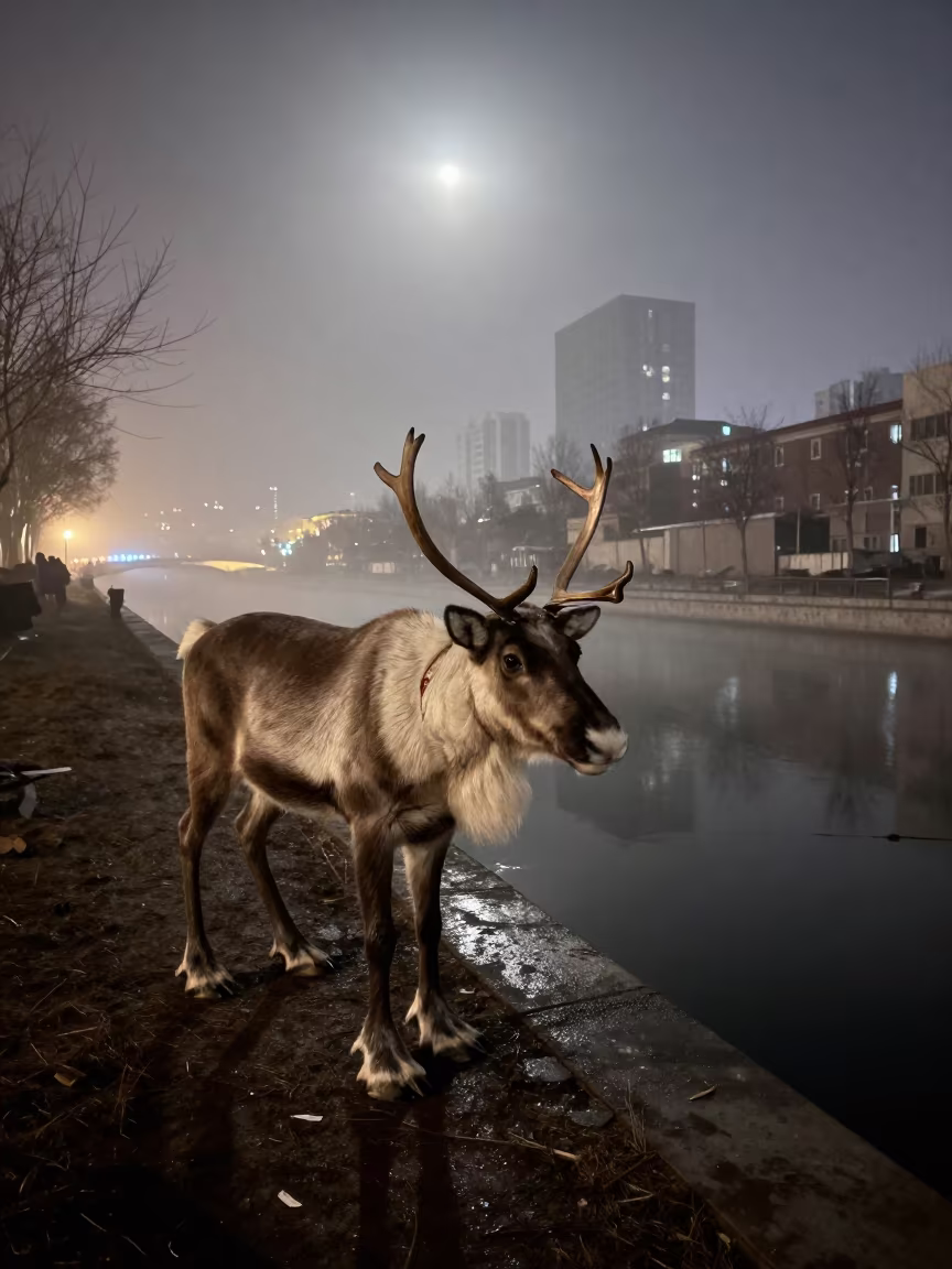 Sami Herder in Moonlight Beside Tianjin Canal in beside a canal in Tianjin