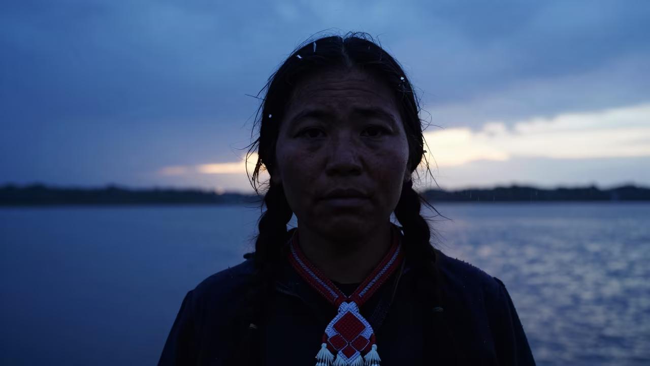 Sami Woman Silhouette in Campinas Harbor Twilight in at a harbor edge in Campinas