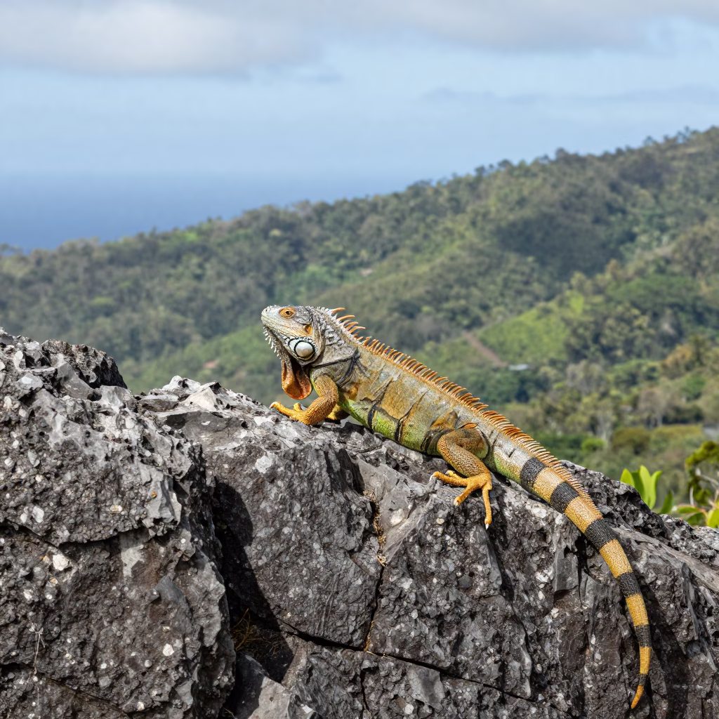 Samoa Iguana Sunning on Wind-Scoured Ridge Rock in on a wind-scoured ridge in Samoa