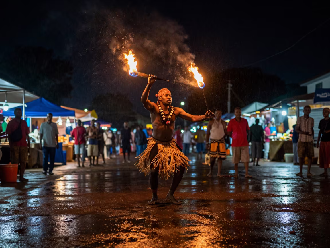 Samoan Fire Knife Dance at Bujumbura Night Market in at a night market in Bujumbura