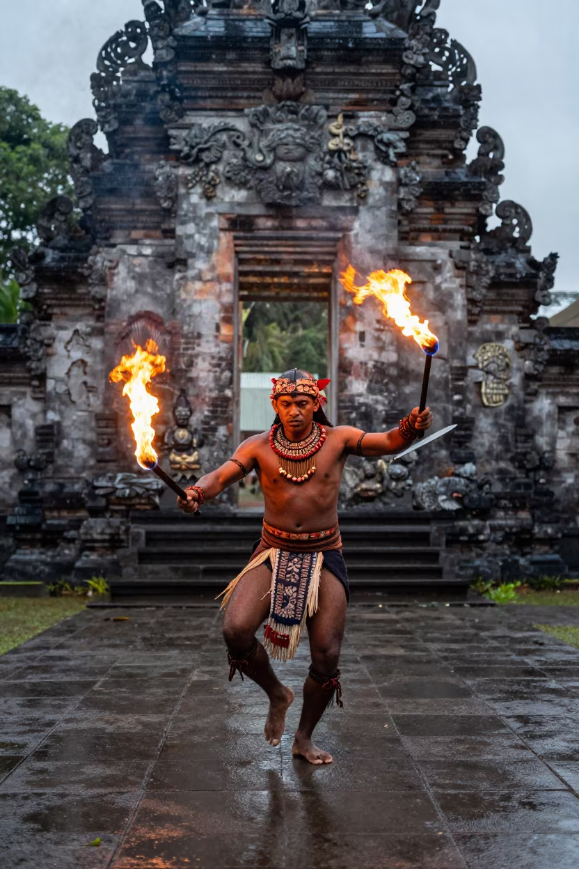 Samoan Fire Knife Dance in Fort Portal Temple Courtyard in in a temple courtyard in Fort Portal