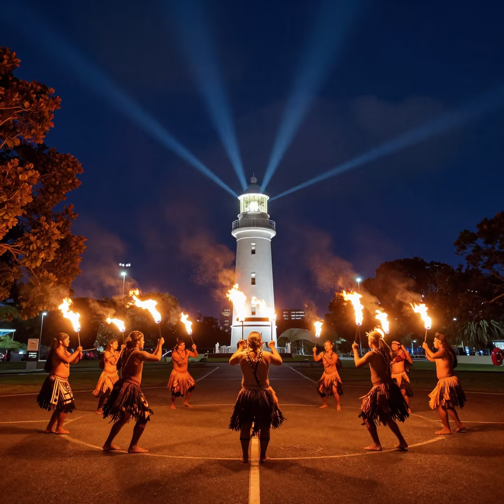 Samoan Fire Knife Dance Night Festival in at a public square during a festival near Melbourne