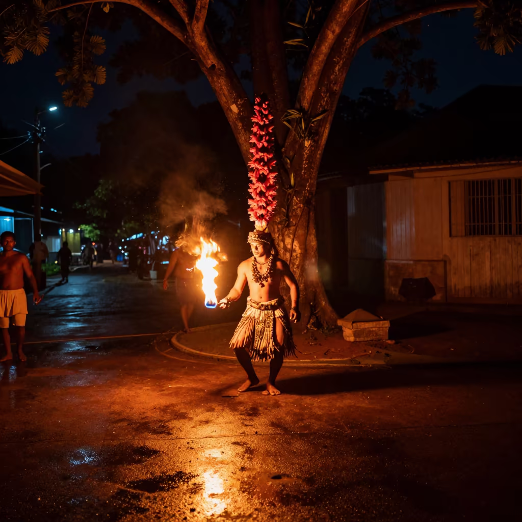 Samoan Fire Knife Dance Night Flower in at a festival street procession in Gampaha