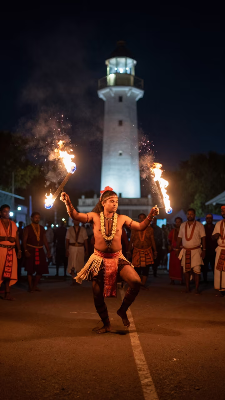 Samoan Fire Knife Dance Night Gwalior in at a festival street procession in Gwalior