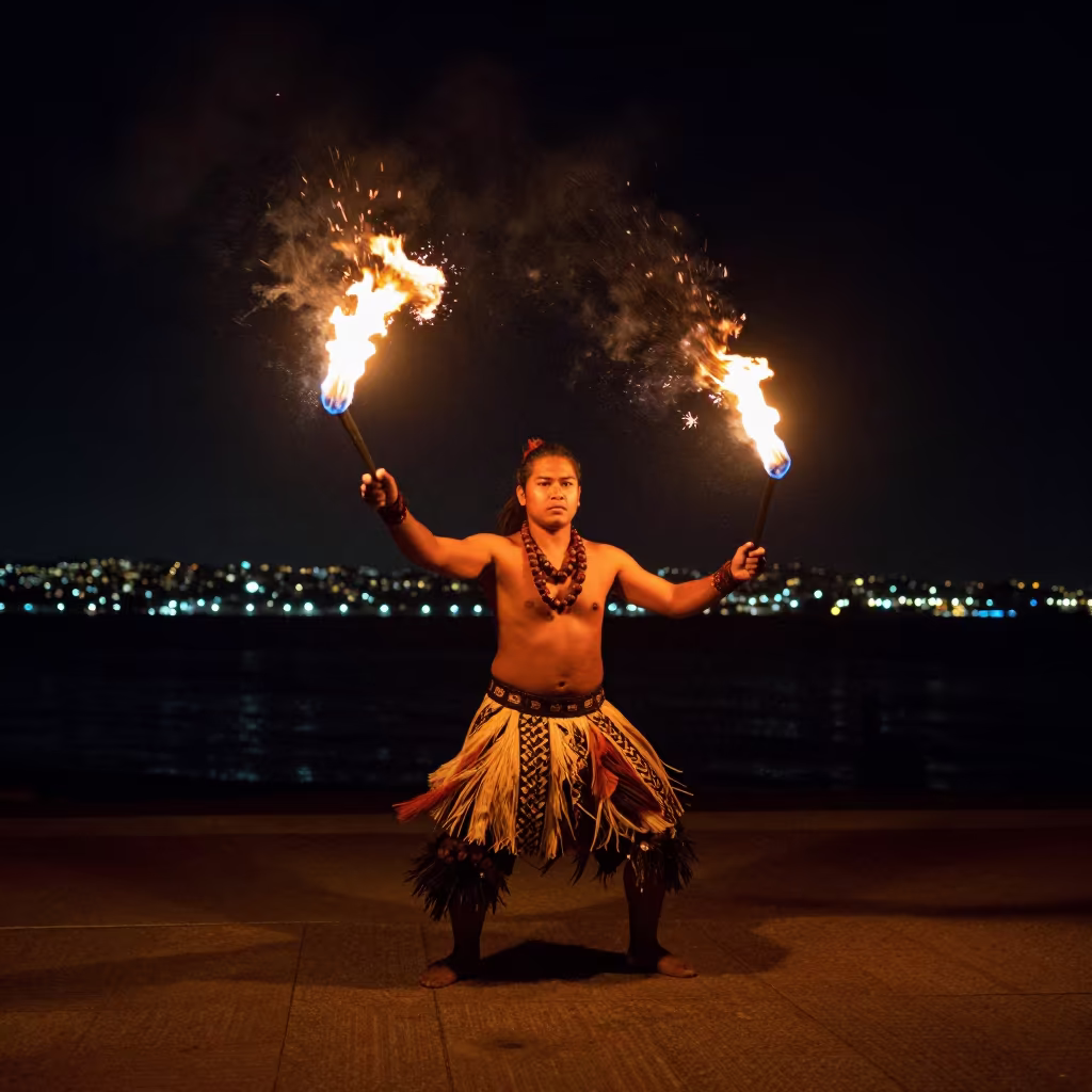 Samoan Fire Knife Dance at San Diego Waterfront Night in at a waterfront celebration in San Diego