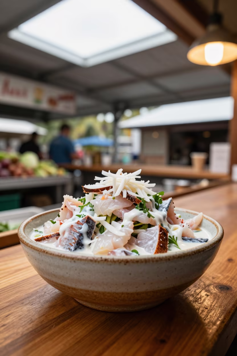Samoan Oka Raw Fish Salad Coconut Bowl in at a market stall counter in Szczecin