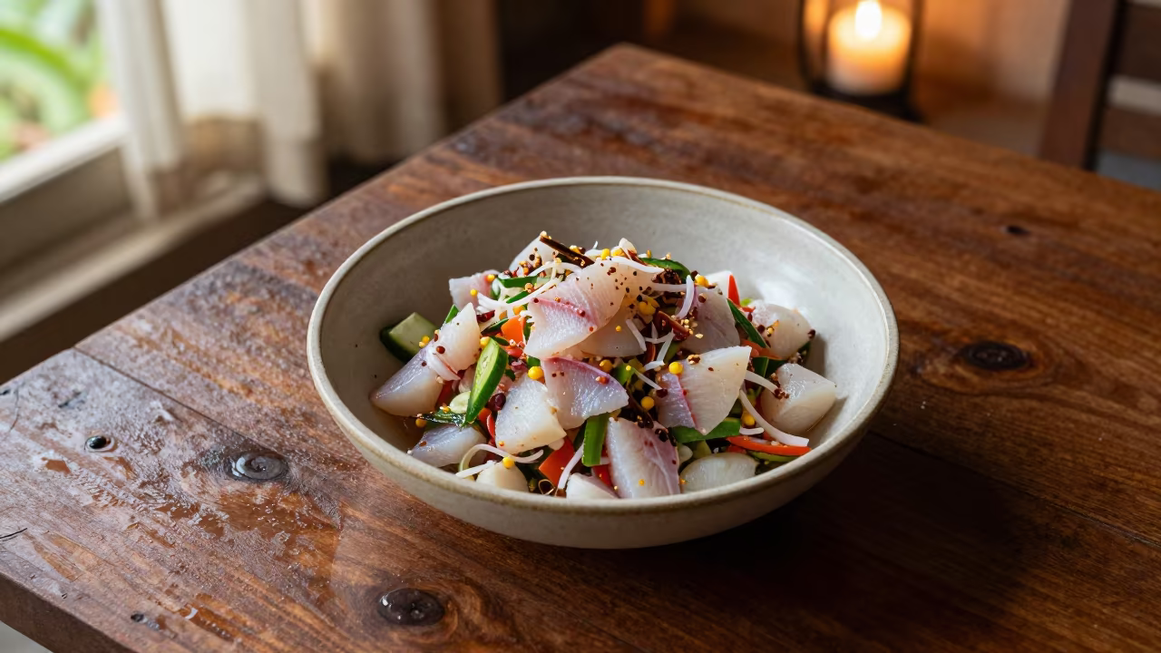 Samoan Oka Salad with Coconut on Rustic Table in on a rustic wooden table in Quezon City