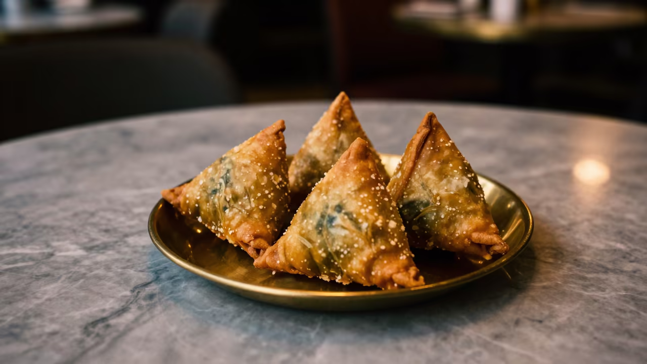 Samosas on Brass Plate in Chengdu Cafe in on a marble cafe table in Taikoo Li, Chengdu